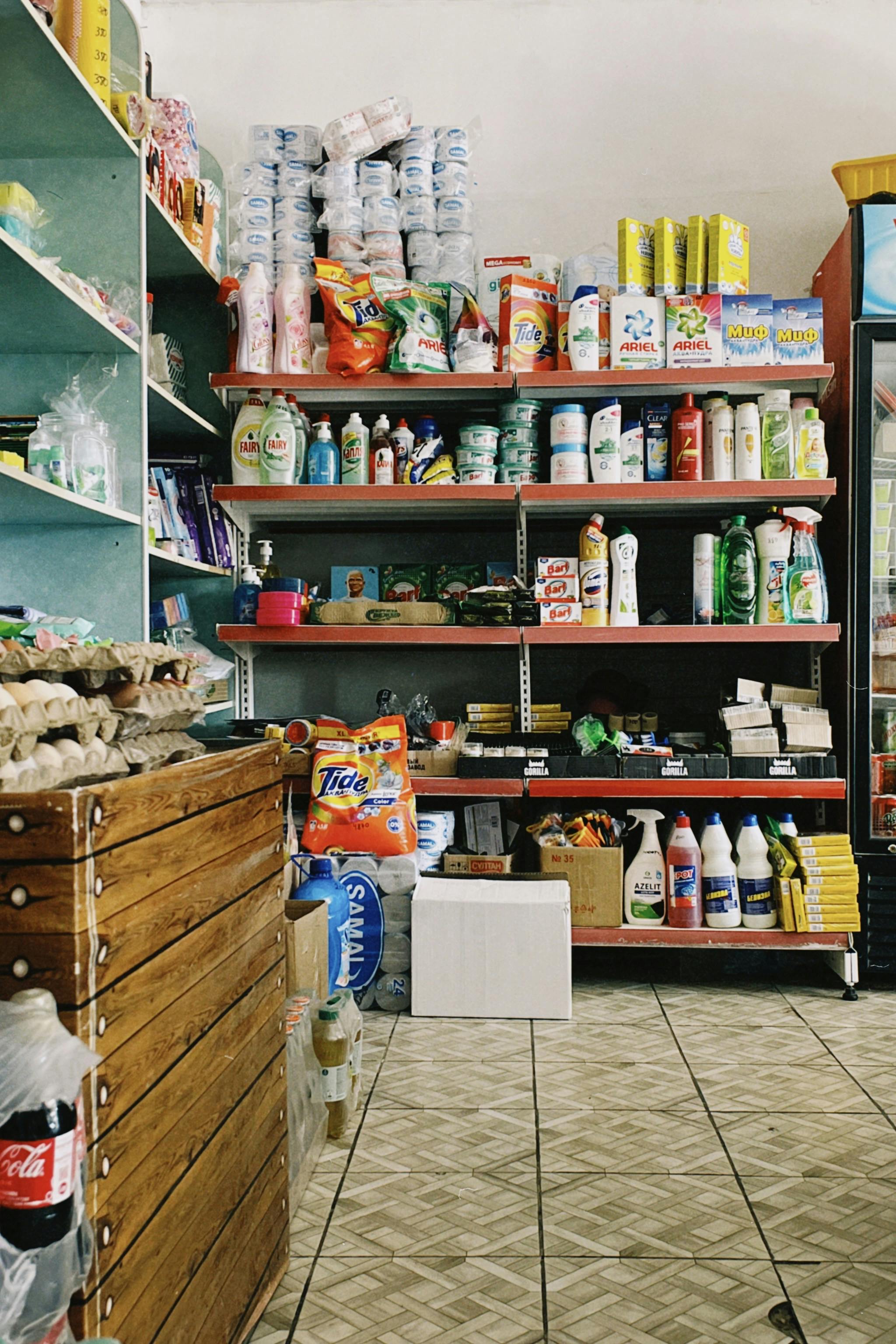Daily use household products arranged on shelves